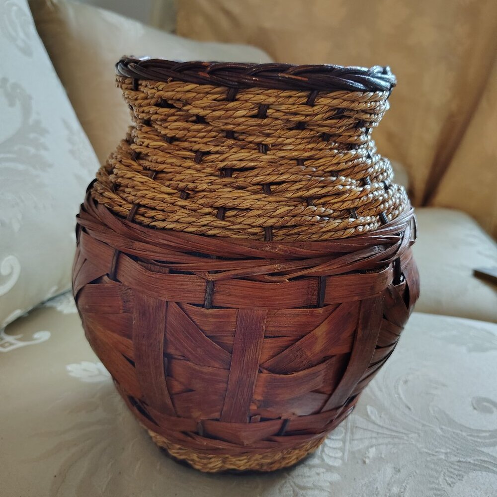 Vintage Clay Pot Vase Wrapped In Woven Wood & Wicker. Hand-made.